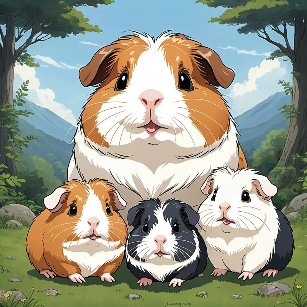 Prompt: 2d studio ghibli anime style, guinea pig of lunkarya breed with our three babies 
