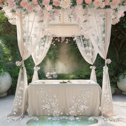 Prompt: Soothing spa under floral canopy illustration By annie stegg