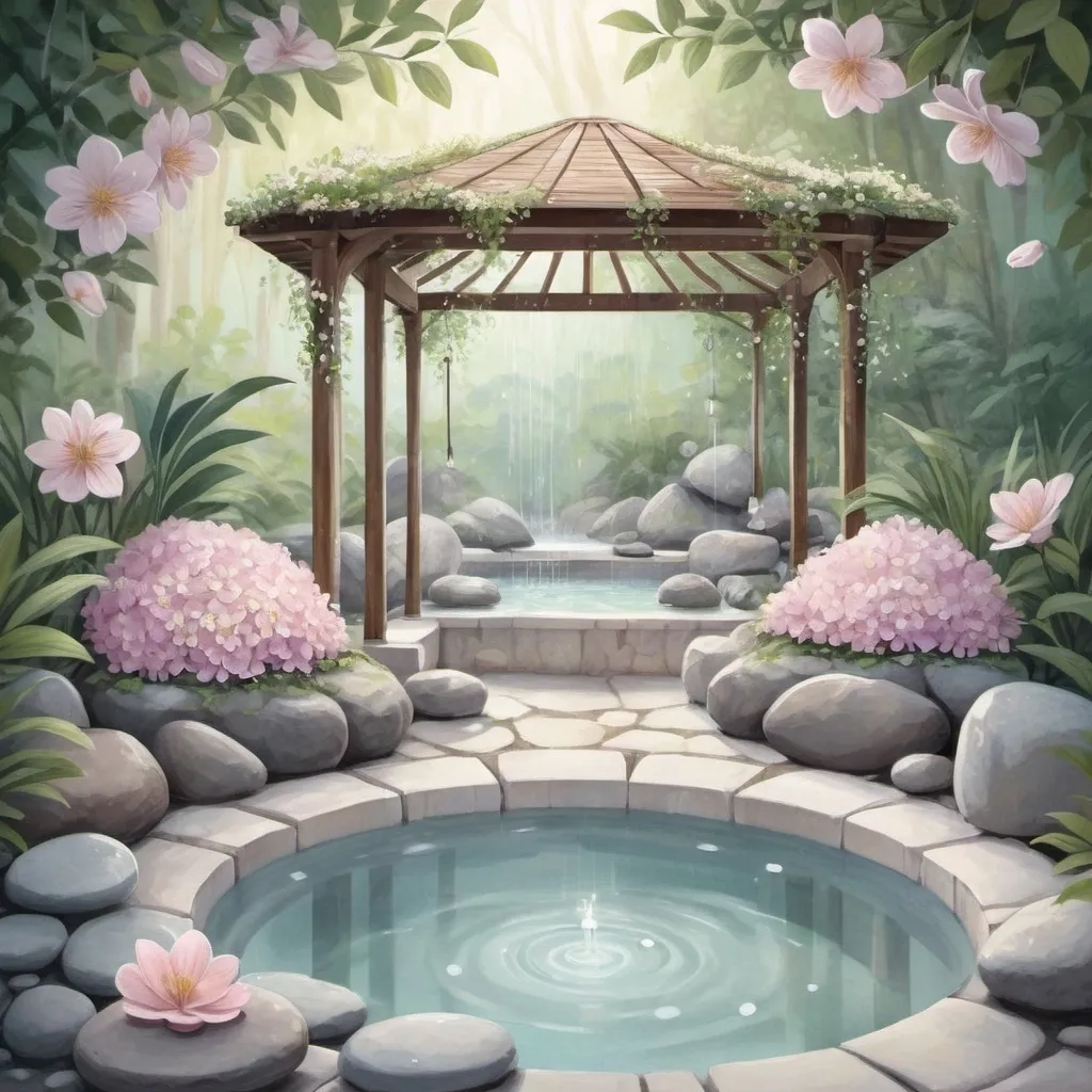 Prompt: Soothing spa under floral canopy illustration By annie stegg