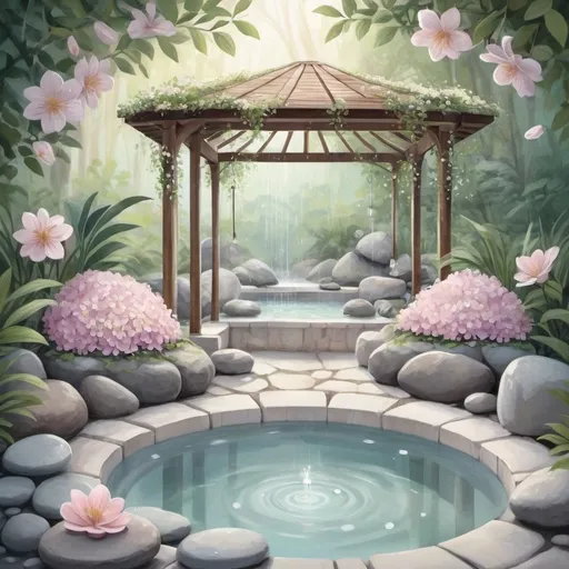 Prompt: Soothing spa under floral canopy illustration By annie stegg