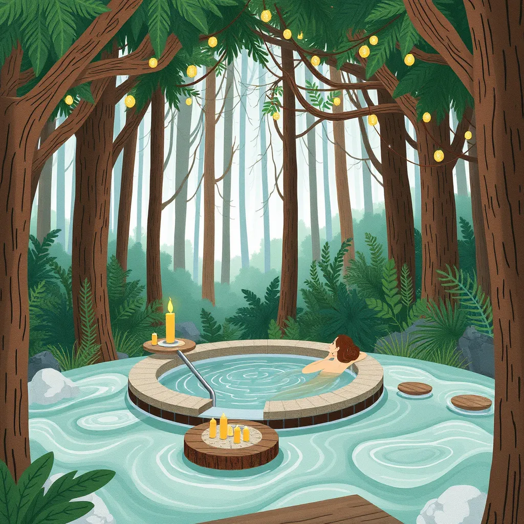 Prompt: Spa in woods illustrated By annie stegg