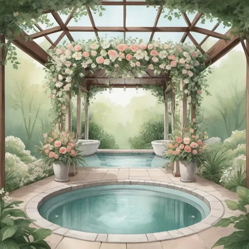 Prompt: Soothing spa under floral canopy illustration By annie stegg