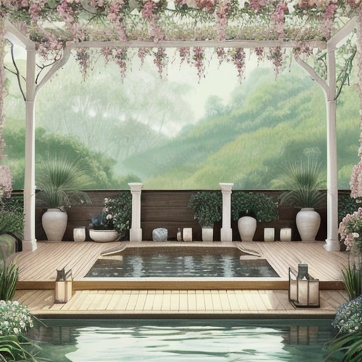 Prompt: Soothing spa under floral canopy illustration By annie stegg