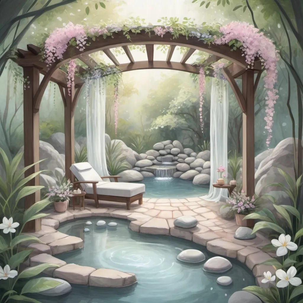 Prompt: Soothing spa under floral canopy illustration By annie stegg