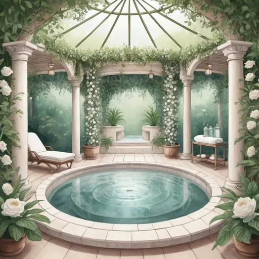 Prompt: Soothing spa under floral canopy illustration By annie stegg