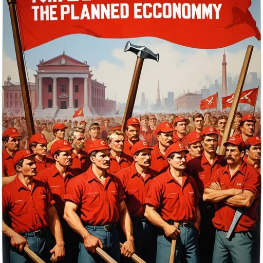 Prompt: Planned Economy > Market Economy: A classic communist-style poster, depicting the unity and progress of the working class under a planned economy. The poster shows a group of workers building a great construction project in the background, with a large hammer and sickle prominently displayed. In the foreground, a group of workers in matching red shirts are holding up a red flag with the words "Long Live the Planned Economy!" in big, bold letters.