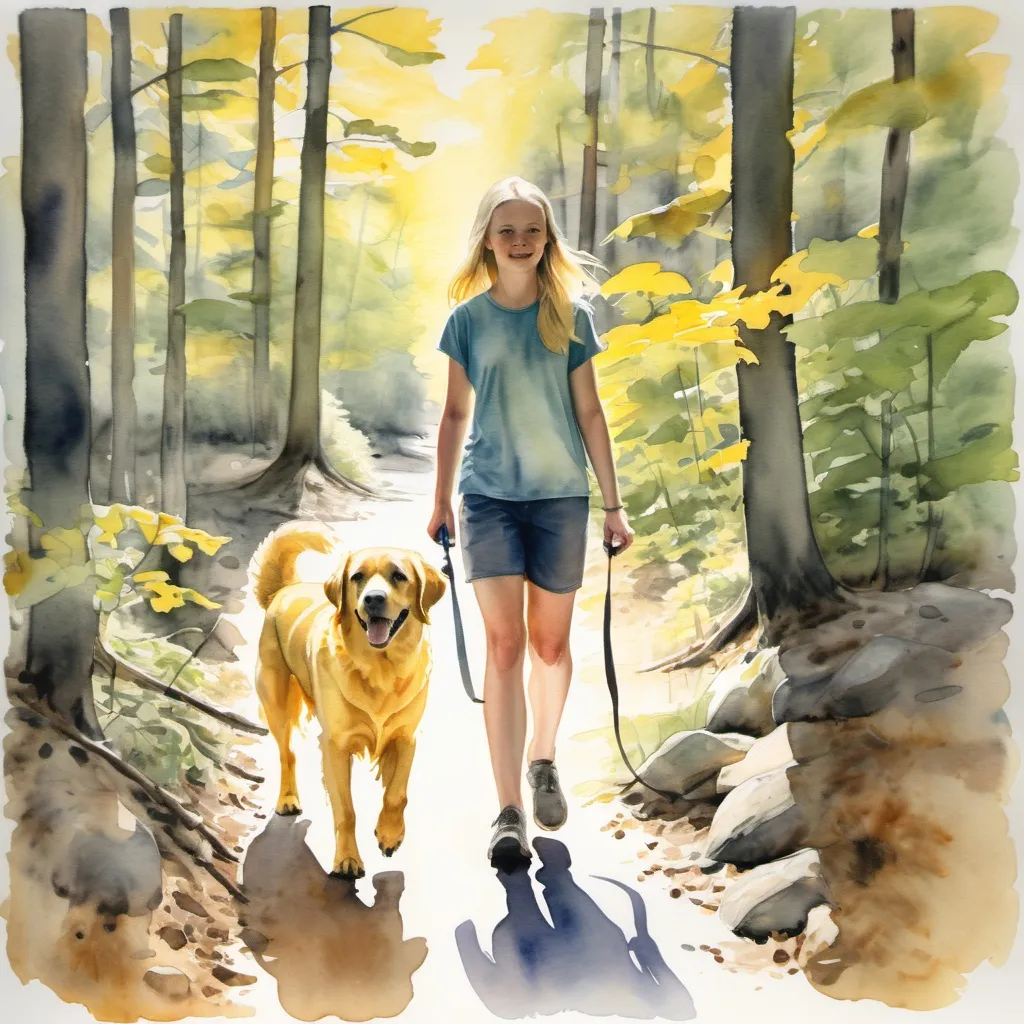 Prompt: Watercolor drawing of a 12 year old blonde girl with her female yellow laborador retriever walking through the north carolina woods