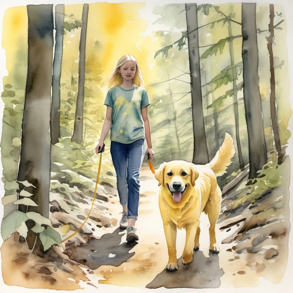 Prompt: Watercolor drawing of a 12 year old blonde girl with her female yellow laborador retriever walking through the north carolina woods