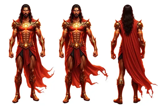 Prompt: A full-body character illustration of fantasy illustration male warrior b0d0d307 with long dark hair, muscular build, ornate red and gold armor with a flowing cape displayed in three clear views on a clean white background, arranged in a three-column grid pattern with equal spacing and importance. Left panel: front view showing complete anatomical details and outfit. Center panel: perfect 90-degree side view (profile) clearly showing the character's side silhouette, facial profile, and outfit from a direct lateral perspective. Right panel: back view revealing posterior details Each view maintains consistent scale, lighting, and full-body presentation from head to toe. All three perspectives must be equally detailed and given equal prominence in the composition.