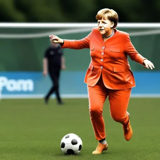 Prompt: Angela Merkel playing soccer, hyperrealistic, colorul, front view
