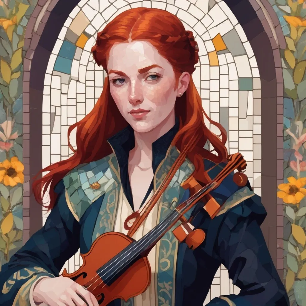 Prompt: Mosaic of d&d character, lean redheaded bard in sophisticated clothing with andogynous face, carrying a violin