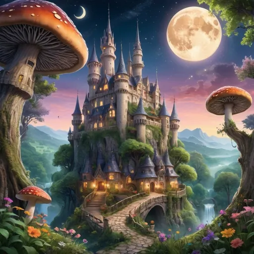 Prompt: Create an image of a small capital city in a faerie realm. The centerpiece is a majestic castle nestled within a colossal tree, with intricate branches and leaves forming elegant, spiraling towers. Surrounding the castle are various charming houses, seamlessly blending with nature, showcasing vibrant colors and organic, whimsical designs. The lively streets are filled with magical creatures and faeries, exuding an enchanting, otherworldly atmosphere. The city is lush with greenery and flowers, set against the backdrop of twilight. The sky, adorned with two moons and rich with stars, enhances the mystical ambiance. Towering trees and enormous mushrooms create a lively, magical landscape.