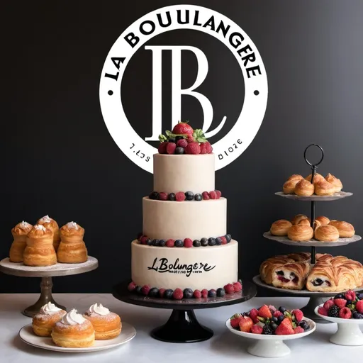 Prompt: Image with a tiered cake and pastries surrounding and the logo La Boulangere 