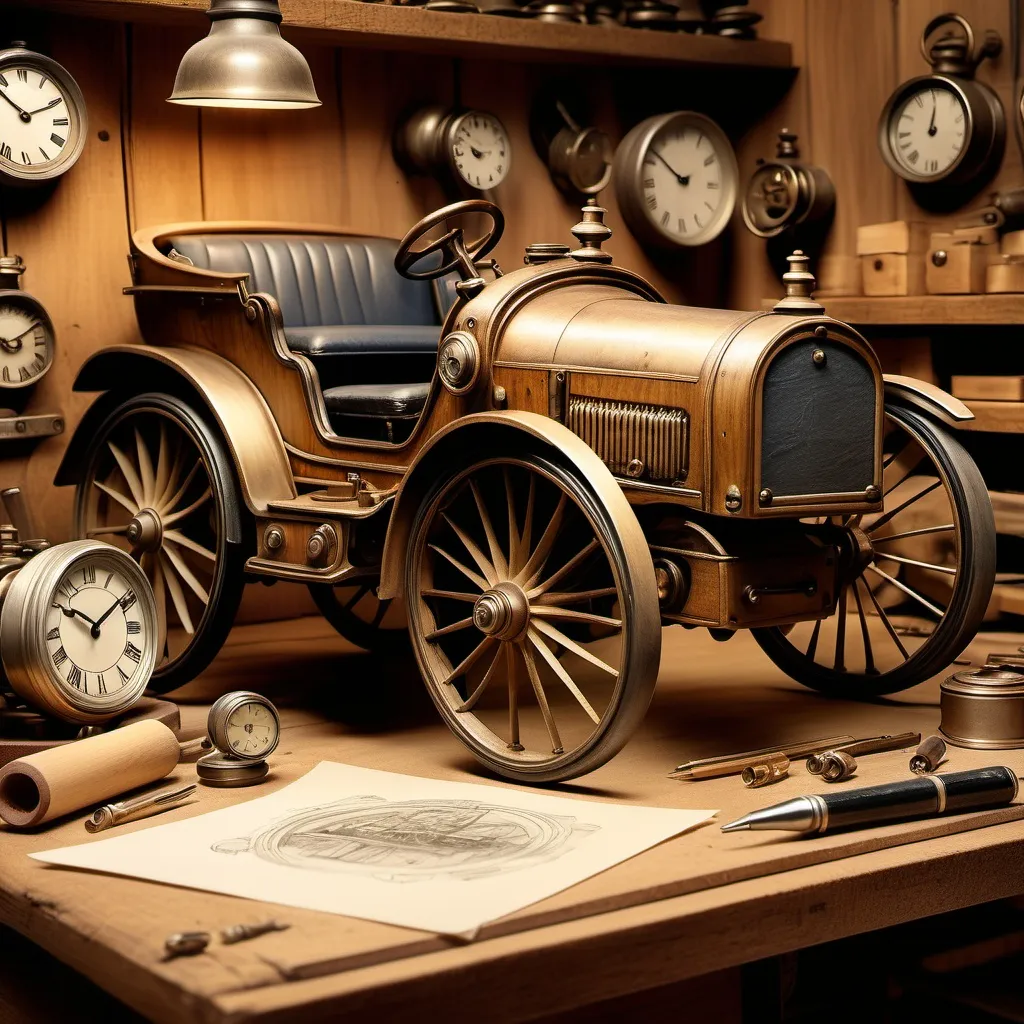 Prompt: (vintage clocks ticking backward), (fading into a detailed depiction of Karl Benz's workshop), antique sketches of the Patent-Motorwagen scattered throughout, warm, nostalgic ambiance, soft golden lighting illuminating the wooden workbench, high-quality finish, intricate textures of aged wood and parchment, hints of automotive parts and blueprints in the background, ultra-detailed, historical significance.