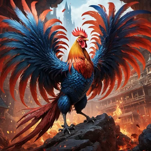 Prompt: (fantasy combat rooster), vibrant and dynamic setting, surrounded by (dragon brood), fierce and majestic creatures, color tones of fiery reds and deep blues, dramatic lighting creating an intense atmosphere, intricate details on the rooster's feathers and the dragon's scales, epic battle scene, high resolution, ultra-detailed with rich textures, showcasing an adventurous vibe.