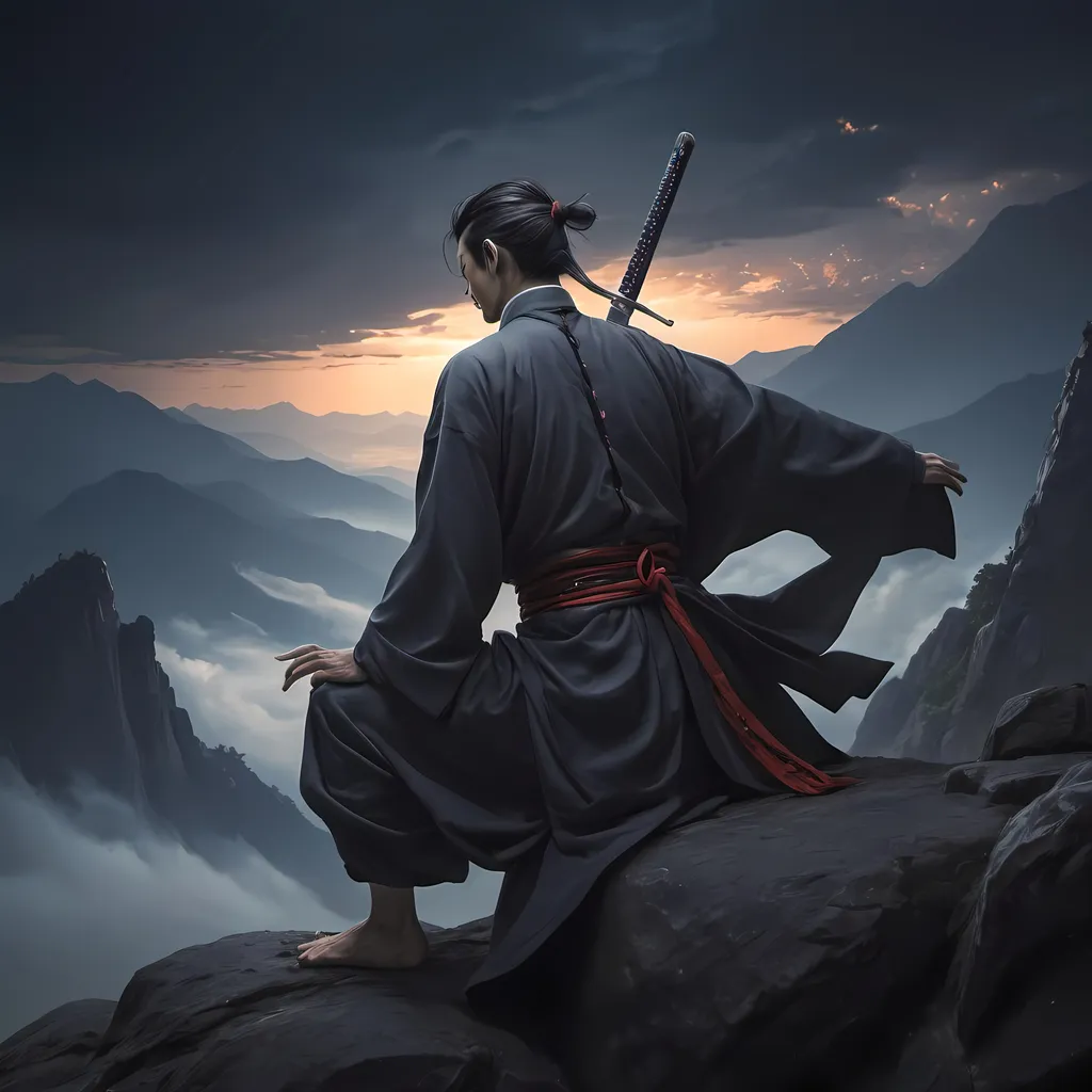Prompt: Swordmaster, dramatic lighting, intense gaze, flowing fabric, dynamic composition, Japanese art style, traditional, action pose, high quality, detailed, dynamic, dramatic night sky, professional, resting in the top of a mountain, sitting, from back 