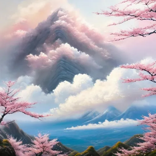 Prompt: A hyper-realistic painting of a towering mountain range, its peaks shrouded in billowing clouds. Delicate Japanese cherry blossoms cascade down the mountainside, their pink petals fluttering in the gentle breeze. The sky is a canvas of vibrant colors, ranging from soft pastels to deep, saturated hues. The overall mood of the painting is serene and tranquil, capturing the essence of springtime beauty.