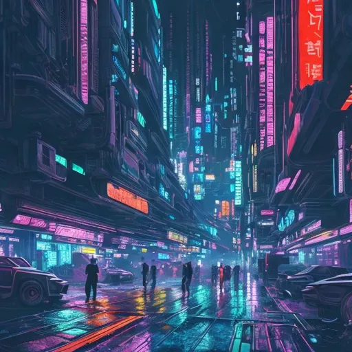 Prompt: A hyperrealistic painting of a cyberpunk city at night, with neon lights and flying cars. The painting is inspired by the works of Blade Runner and Akira. The overall tone is dark and futuristic