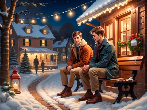 Prompt: <mymodel> Oil painting of a 1920s Vermont village center on Christmas, Parker is seated on a bench, Christmas decorations, snow, lights, glowing, night, cozy and nostalgic, Norman Rockwell, detailed face, 64k, professional