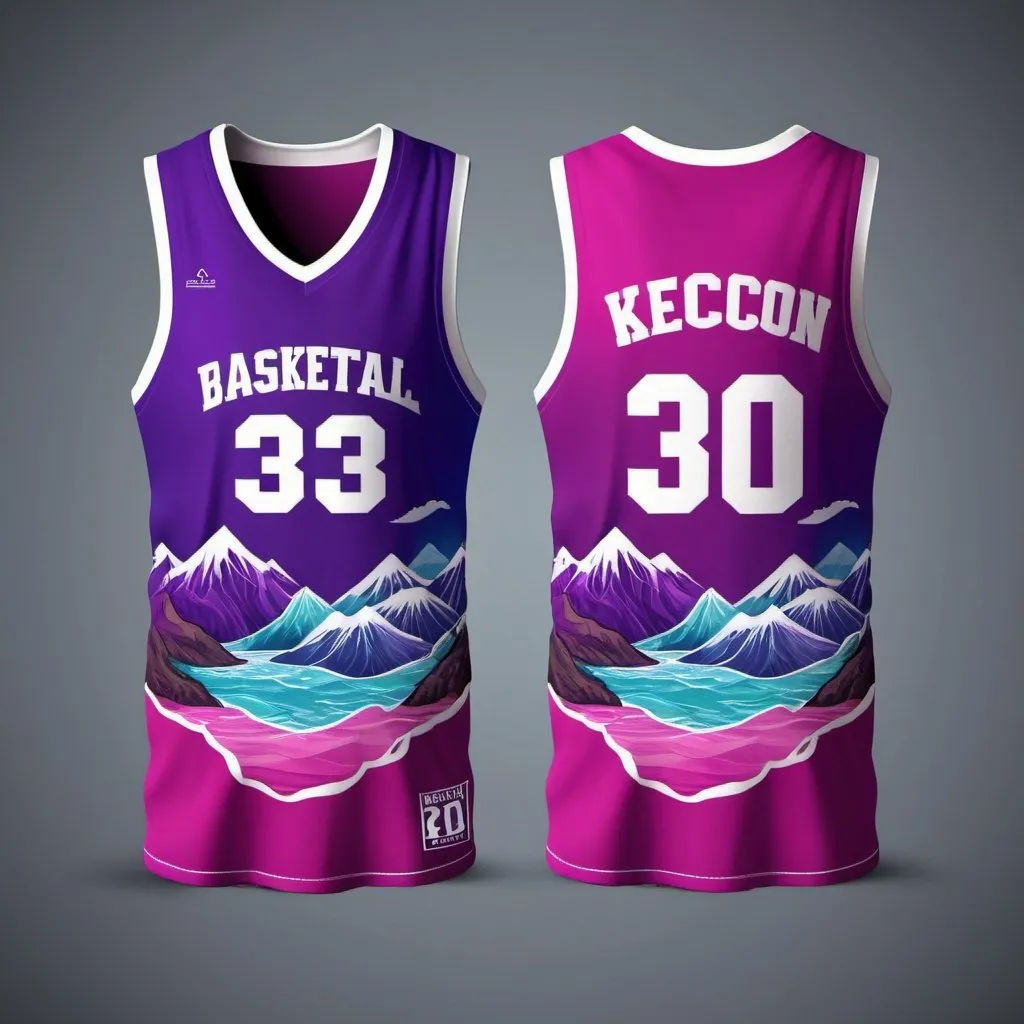 Prompt: Make a basketball jersey front and back template 3D realistic style with ocean and mountains design with any color scheme of purple, magenta, violet, and any lighter similar color.