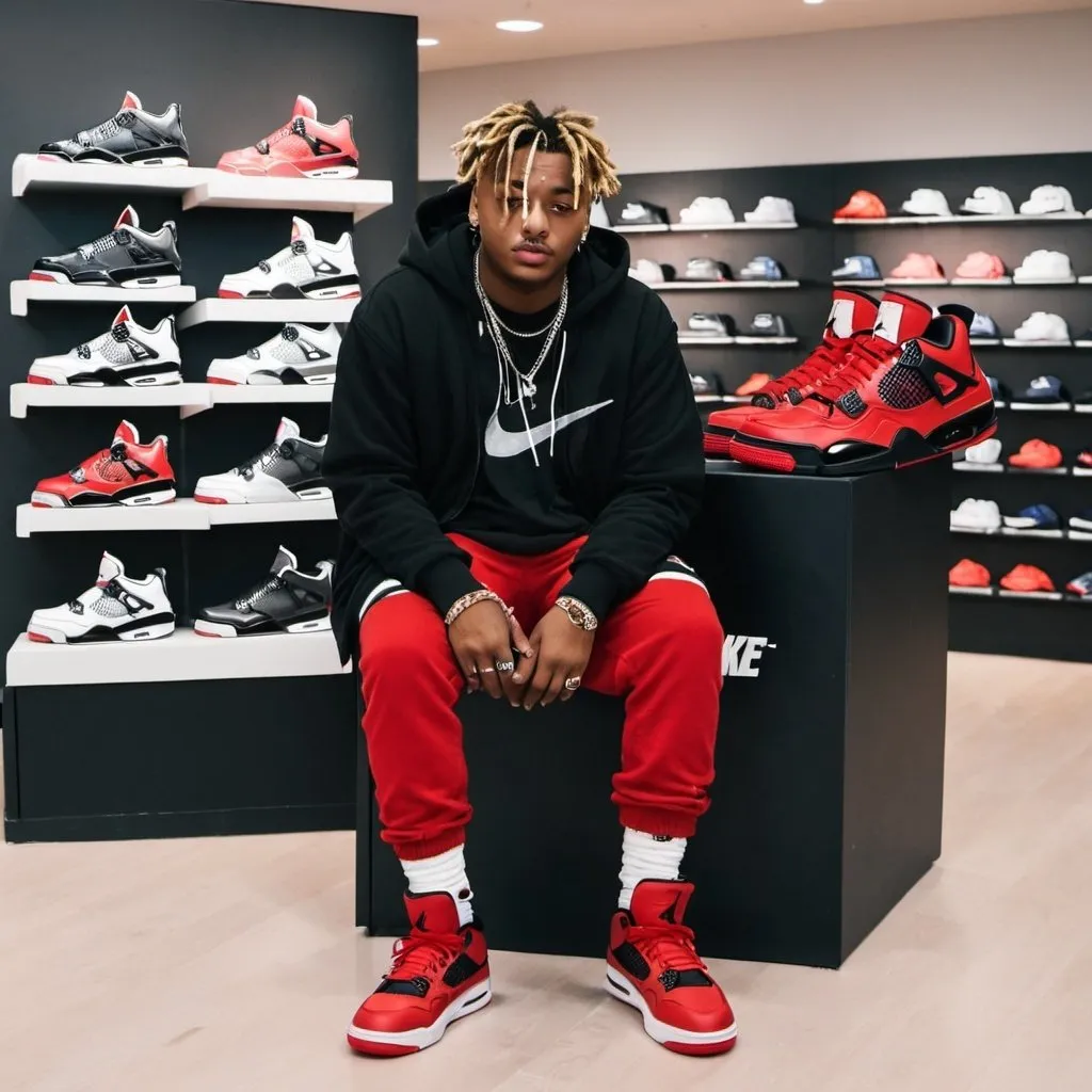 Prompt: Juice wrld at the Nike store in Jordan clothing with Jordan 4 red thunders