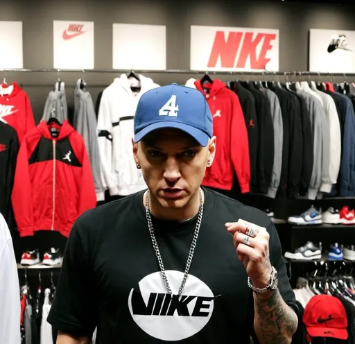 Prompt: Eminem at the Nike store in Jordan clothing with Jordan 4 red thunders