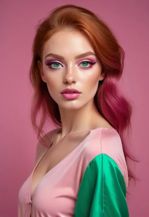 Prompt: Realistic photo of a beauty model with red hair and green eyes, soft pink background, luscious magenta lips, glowing flawless skin, delicate neutral eye makeup, high-quality, realistic, beauty, red hair, green eyes, soft pink background, flawless skin, magenta lips, neutral eye makeup, realistic lighting