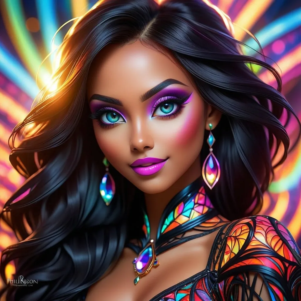 Prompt: (((🏝,💋,🔮,🍑,🌋 ))) a colorful glowing post-modern ornamental plasma prowler, sleek lines and intricate patterns intertwine to create a sense of futuristic gothic elegance. The main subject of the image is a stunningly gorgeous colorful woman dancer with intricately detailed eyes and a perfect body in every way, smiling. This detailed description is depicted in a high-quality photograph, highlighting the intricate details and ethereal atmosphere. The image captures the essence of modern technology and artistry, blending seamlessly in a visually stunning composition that captivates the viewer's imagination. Art By Phil Robinson 