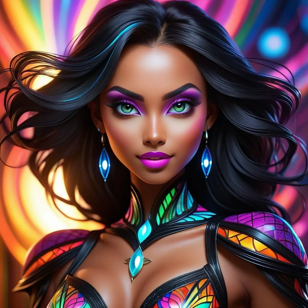 Prompt: (((🏝,💋,🔮,🍑,🌋 ))) a colorful glowing post-modern ornamental plasma prowler, sleek lines and intricate patterns intertwine to create a sense of futuristic gothic elegance. The main subject of the image is a stunningly gorgeous colorful woman dancer with intricately detailed eyes and a perfect body in every way, smiling. This detailed description is depicted in a high-quality photograph, highlighting the intricate details and ethereal atmosphere. The image captures the essence of modern technology and artistry, blending seamlessly in a visually stunning composition that captivates the viewer's imagination. Art By Phil Robinson 