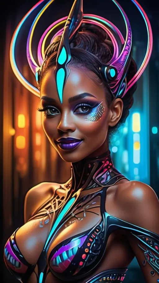 Prompt: (((🏝,💋,🔮,🍑,🌋 ))) a colorful glowing post-modern ornamental plasma prowler, sleek lines and intricate patterns intertwine to create a sense of futuristic gothic elegance. The main subject of the image is a stunningly gorgeous colorful woman dancer with intricately detailed eyes and a perfect body in every way, smiling. This detailed description is depicted in a high-quality photograph, highlighting the intricate details and ethereal atmosphere. The image captures the essence of modern technology and artistry, blending seamlessly in a visually stunning composition that captivates the viewer's imagination. Art By Phil Robinson 