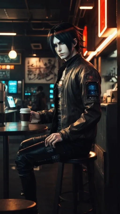 Prompt: Anime cyberpunk style, man in coffee shop, highly detailed, HD, dark background