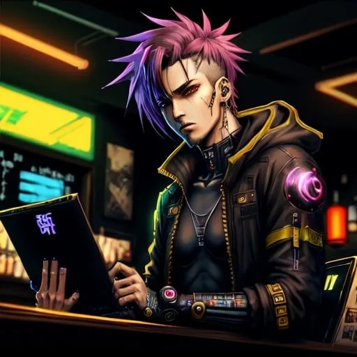 Prompt: Anime cyberpunk style, man in coffee shop, highly detailed, HD, dark background