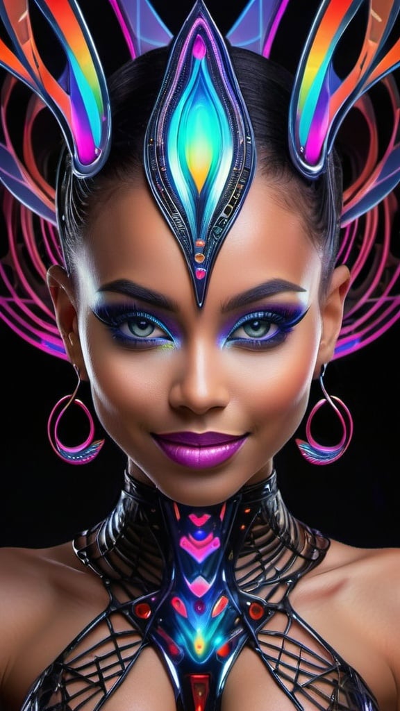 Prompt: (((🏝,💋,🔮,🍑,🌋 ))) a colorful glowing post-modern ornamental plasma prowler, sleek lines and intricate patterns intertwine to create a sense of futuristic gothic elegance. The main subject of the image is a stunningly gorgeous colorful woman dancer with intricately detailed eyes and a perfect body in every way, smiling. This detailed description is depicted in a high-quality photograph, highlighting the intricate details and ethereal atmosphere. The image captures the essence of modern technology and artistry, blending seamlessly in a visually stunning composition that captivates the viewer's imagination. Art By Phil Robinson 