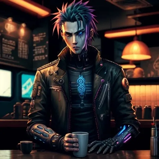 Prompt: Anime cyberpunk style, man in coffee shop, highly detailed, HD, dark background