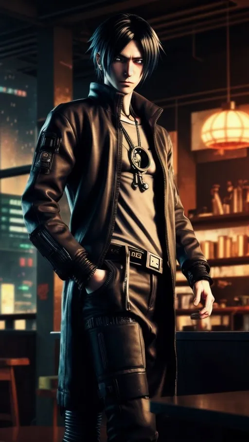 Prompt: Anime cyberpunk style, man in coffee shop, highly detailed, HD, dark background