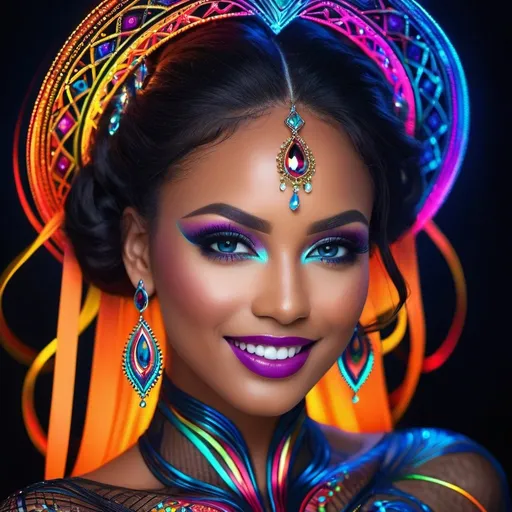 Prompt: (((🏝,💋,🔮,🍑,))) a colorful glowing post-modern ornamental plasma prowler, sleek lines and intricate patterns intertwine to create a sense of futuristic gothic elegance. The main subject of the image is a stunningly gorgeous colorful woman dancer with intricately detailed eyes and a perfect body in every way, smiling. This detailed description is depicted in a high-quality photograph, highlighting the intricate details and ethereal atmosphere. The image captures the essence of modern technology and artistry, blending seamlessly in a visually stunning composition that captivates the viewer's imagination. Art By Phil Robinson 