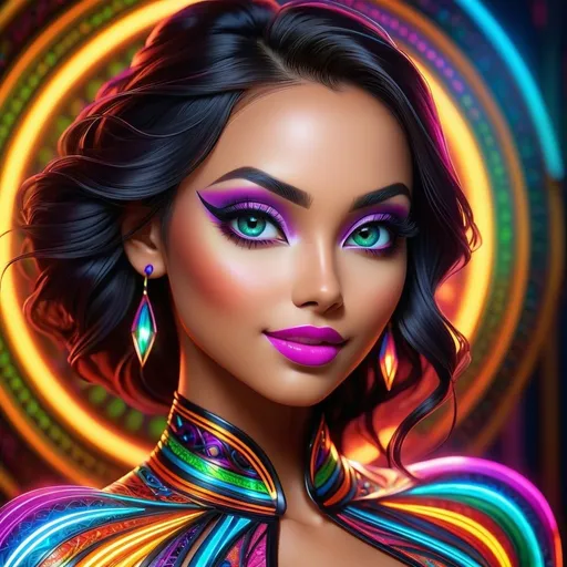 Prompt: (((🏝,💋,🔮,🍑,🌋 ))) a colorful glowing post-modern ornamental plasma prowler, sleek lines and intricate patterns intertwine to create a sense of futuristic gothic elegance. The main subject of the image is a stunningly gorgeous colorful woman dancer with intricately detailed eyes and a perfect body in every way, smiling. This detailed description is depicted in a high-quality photograph, highlighting the intricate details and ethereal atmosphere. The image captures the essence of modern technology and artistry, blending seamlessly in a visually stunning composition that captivates the viewer's imagination. Art By Phil Robinson 