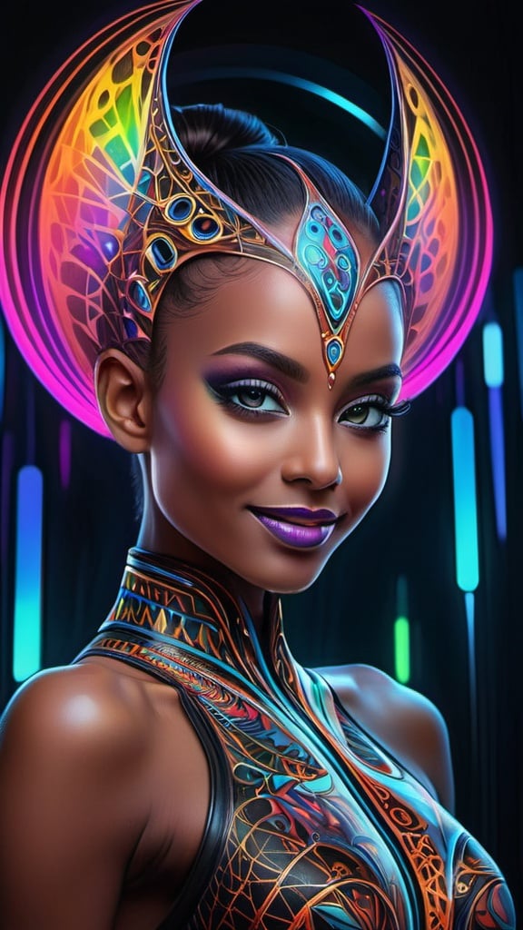 Prompt: (((🏝,💋,🔮,🍑,🌋 ))) a colorful glowing post-modern ornamental plasma prowler, sleek lines and intricate patterns intertwine to create a sense of futuristic gothic elegance. The main subject of the image is a stunningly gorgeous colorful woman dancer with intricately detailed eyes and a perfect body in every way, smiling. This detailed description is depicted in a high-quality photograph, highlighting the intricate details and ethereal atmosphere. The image captures the essence of modern technology and artistry, blending seamlessly in a visually stunning composition that captivates the viewer's imagination. Art By Phil Robinson 