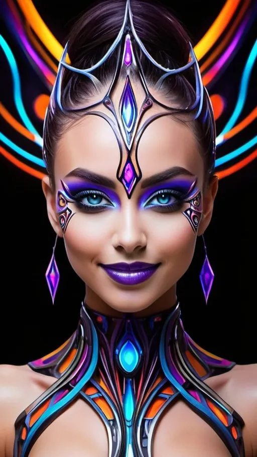 Prompt: (((🏝,💋,🔮,🍑,🌋 ))) a colorful glowing post-modern ornamental plasma prowler, sleek lines and intricate patterns intertwine to create a sense of futuristic gothic elegance. The main subject of the image is a stunningly gorgeous colorful woman dancer with intricately detailed eyes and a perfect body in every way, smiling. This detailed description is depicted in a high-quality photograph, highlighting the intricate details and ethereal atmosphere. The image captures the essence of modern technology and artistry, blending seamlessly in a visually stunning composition that captivates the viewer's imagination. Art By Phil Robinson 