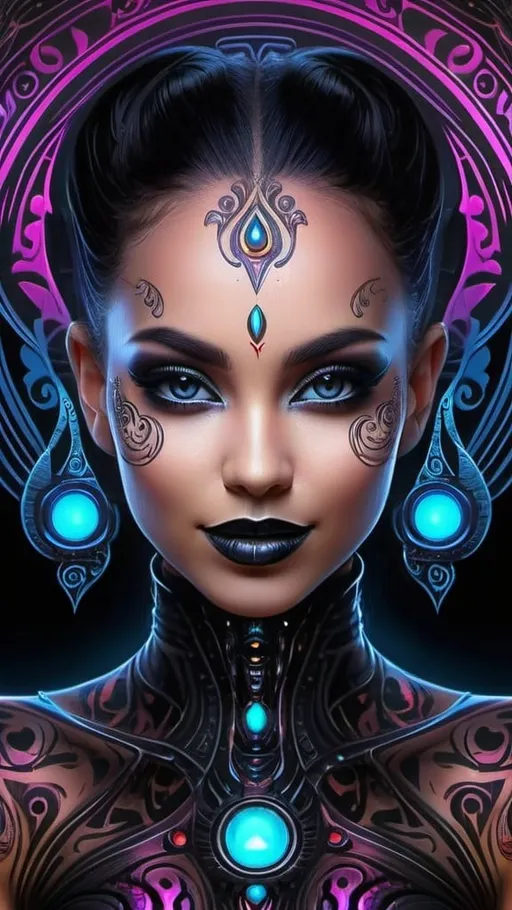 Prompt: (((🏝,💋,🔮,🍑,🌋 ))) a colorful glowing post-modern ornamental plasma prowler, sleek lines and intricate patterns intertwine to create a sense of futuristic gothic elegance. The main subject of the image is a stunningly gorgeous colorful gothic goddess with intricately detailed eyes and a perfect body in every way, smiling. This detailed description is depicted in a high-quality photograph, highlighting the intricate details and ethereal atmosphere. The image captures the essence of modern technology and artistry, blending seamlessly in a visually stunning composition that captivates the viewer's imagination. Art By Phil Robinson 