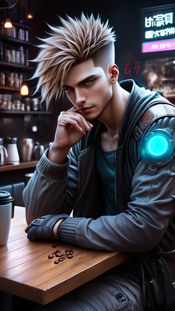 Prompt: Anime cyberpunk style, man in coffee shop, highly detailed, HD, dark background