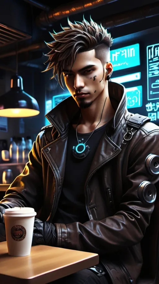 Prompt: Anime cyberpunk style, man in coffee shop, highly detailed, HD, dark background