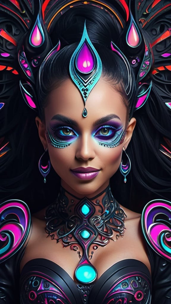 Prompt: (((🏝,💋,🔮,🍑,🌋 ))) a colorful glowing post-modern ornamental plasma prowler, sleek lines and intricate patterns intertwine to create a sense of futuristic gothic elegance. The main subject of the image is a stunningly gorgeous colorful gothic goddess with intricately detailed eyes and a perfect body in every way, smiling. This detailed description is depicted in a high-quality photograph, highlighting the intricate details and ethereal atmosphere. The image captures the essence of modern technology and artistry, blending seamlessly in a visually stunning composition that captivates the viewer's imagination. Art By Phil Robinson 