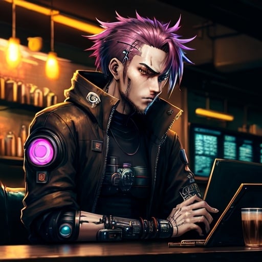 Prompt: Anime cyberpunk style, man in coffee shop, highly detailed, HD, dark background