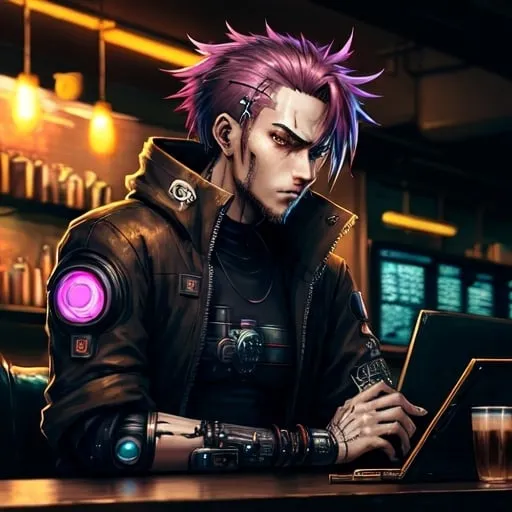 Prompt: Anime cyberpunk style, man in coffee shop, highly detailed, HD, dark background