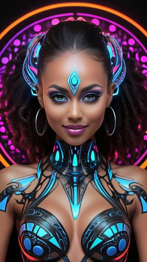 Prompt: (((🏝,💋,🔮,🍑,🌋 ))) a colorful glowing post-modern ornamental plasma prowler, sleek lines and intricate patterns intertwine to create a sense of futuristic gothic elegance. The main subject of the image is a stunningly gorgeous colorful woman dancer with intricately detailed eyes and a perfect body in every way, smiling. This detailed description is depicted in a high-quality photograph, highlighting the intricate details and ethereal atmosphere. The image captures the essence of modern technology and artistry, blending seamlessly in a visually stunning composition that captivates the viewer's imagination. Art By Phil Robinson 