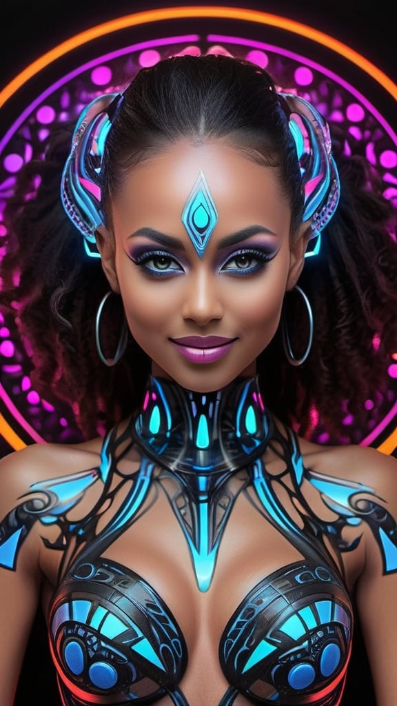 Prompt: (((🏝,💋,🔮,🍑,🌋 ))) a colorful glowing post-modern ornamental plasma prowler, sleek lines and intricate patterns intertwine to create a sense of futuristic gothic elegance. The main subject of the image is a stunningly gorgeous colorful woman dancer with intricately detailed eyes and a perfect body in every way, smiling. This detailed description is depicted in a high-quality photograph, highlighting the intricate details and ethereal atmosphere. The image captures the essence of modern technology and artistry, blending seamlessly in a visually stunning composition that captivates the viewer's imagination. Art By Phil Robinson 