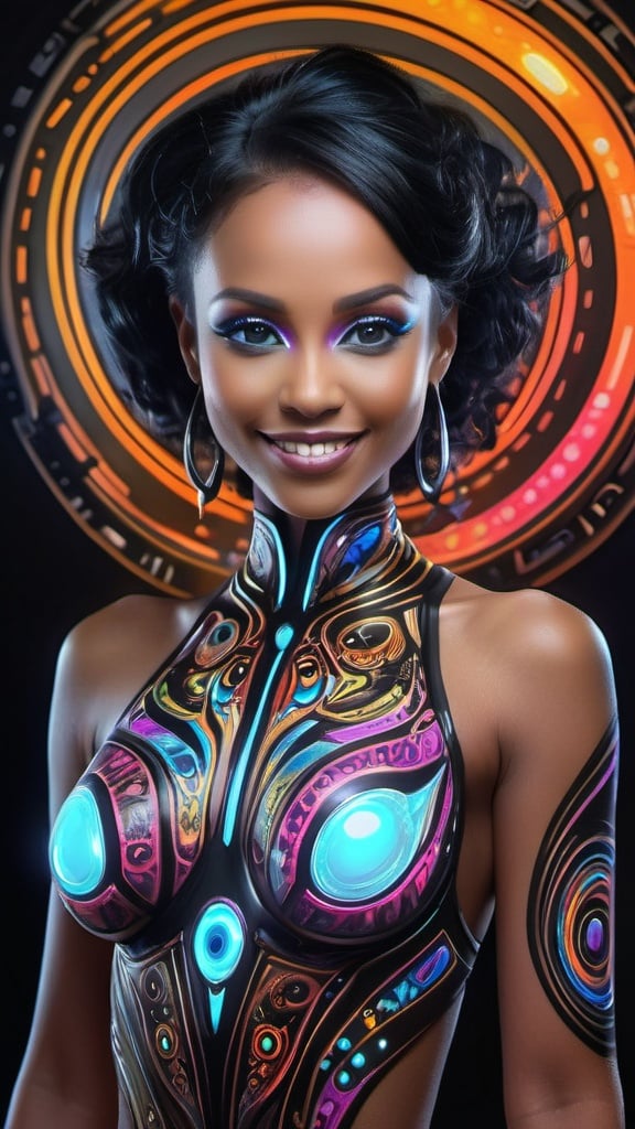 Prompt: (((🏝,💋,🔮,🍑,🌋 ))) a colorful glowing post-modern ornamental plasma prowler, sleek lines and intricate patterns intertwine to create a sense of futuristic gothic elegance. The main subject of the image is a stunningly gorgeous colorful woman dancer with intricately detailed eyes and a perfect body in every way, smiling. This detailed description is depicted in a high-quality photograph, highlighting the intricate details and ethereal atmosphere. The image captures the essence of modern technology and artistry, blending seamlessly in a visually stunning composition that captivates the viewer's imagination. Art By Phil Robinson 