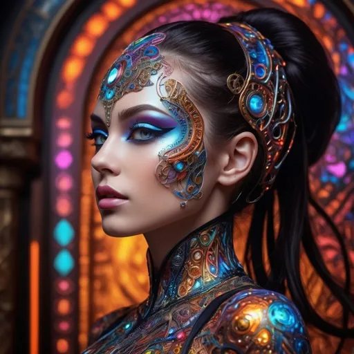 Prompt: (((🏝,💋,🔮,🍑,🌋 ))) a colorful glowing post-modern ornamental plasma prowler, sleek lines and intricate patterns intertwine to create a sense of futuristic gothic elegance. The main subject of the image is a stunningly gorgeous colorful woman dancer with intricately detailed eyes and a perfect body in every way, smiling. This detailed description is depicted in a high-quality photograph, highlighting the intricate details and ethereal atmosphere. The image captures the essence of modern technology and artistry, blending seamlessly in a visually stunning composition that captivates the viewer's imagination. Art By Phil Robinson at Supersquirrelstudios.com