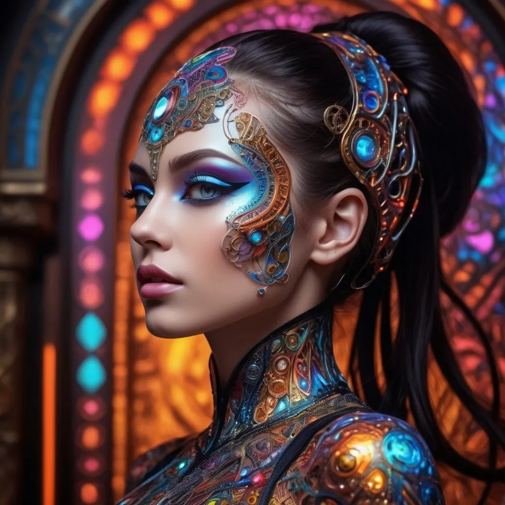 Prompt: (((🏝,💋,🔮,🍑,🌋 ))) a colorful glowing post-modern ornamental plasma prowler, sleek lines and intricate patterns intertwine to create a sense of futuristic gothic elegance. The main subject of the image is a stunningly gorgeous colorful woman dancer with intricately detailed eyes and a perfect body in every way, smiling. This detailed description is depicted in a high-quality photograph, highlighting the intricate details and ethereal atmosphere. The image captures the essence of modern technology and artistry, blending seamlessly in a visually stunning composition that captivates the viewer's imagination. Art By Phil Robinson at Supersquirrelstudios.com